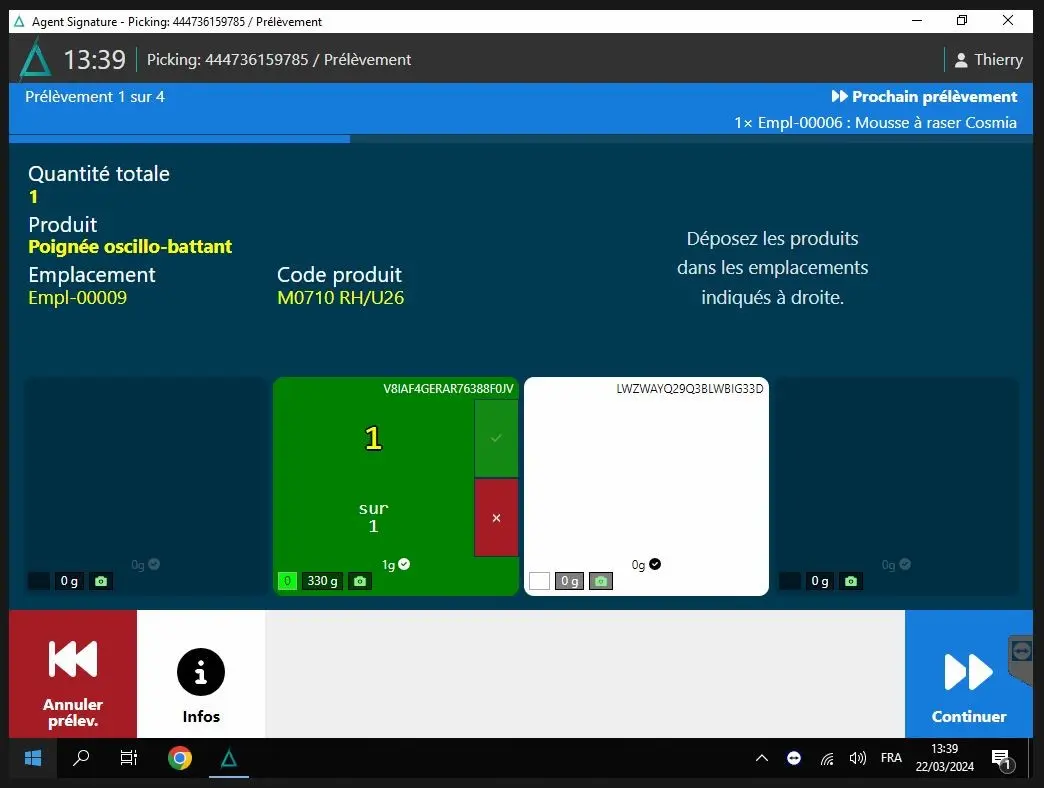 Ecran logiciel One Solutions pour déposer article au bon emplacement